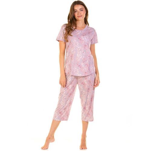 Wysteria Lane Rose Leopard Crew Neck Short Sleeve Cropped Pyjama Set